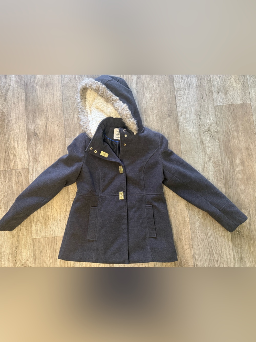 Maralyn & Me Navy Hooded Pea Coat with Faux-Fur Trim